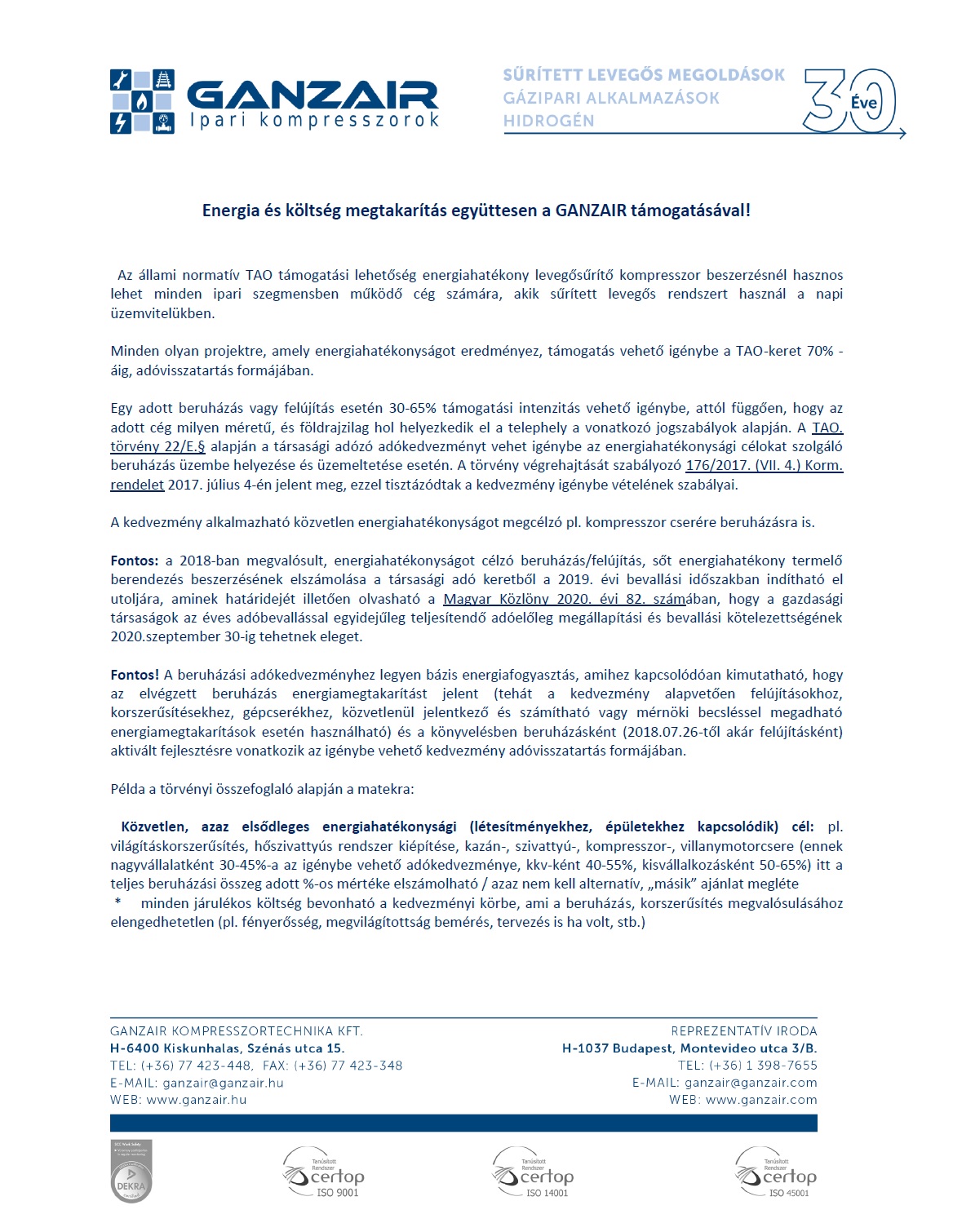 Energia és költség megtakarítás együttesen a GANZAIR támogatásával!