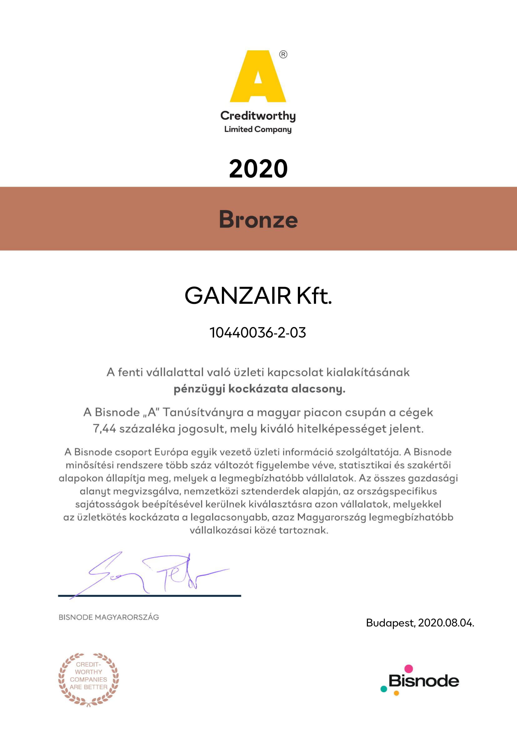 Tanúsítvány a pénzügyileg legstabilabb cégeknek