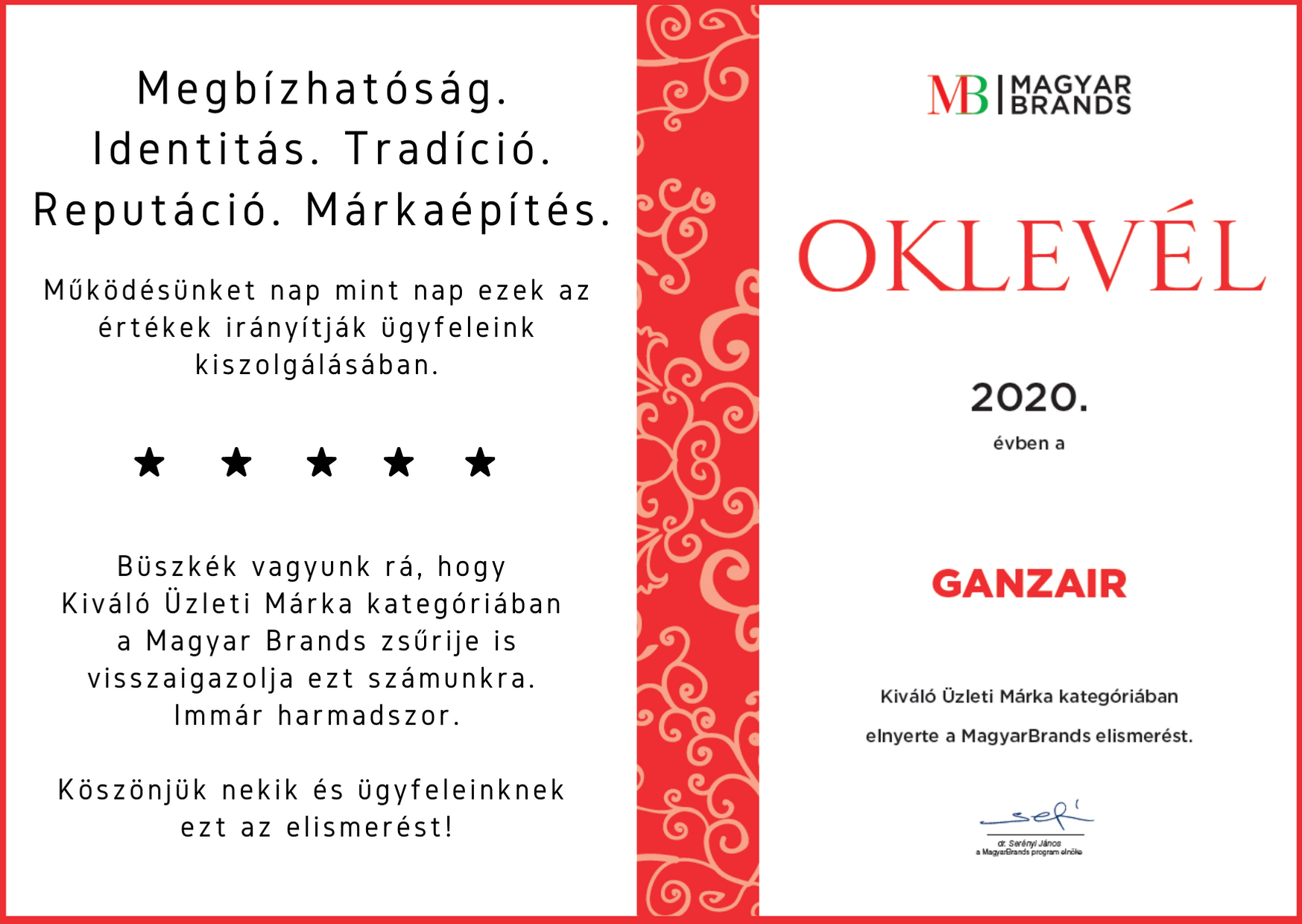 Idén is elnyerte a Magyar Brands Kiváló Üzleti Márka minősítést a Ganzair!